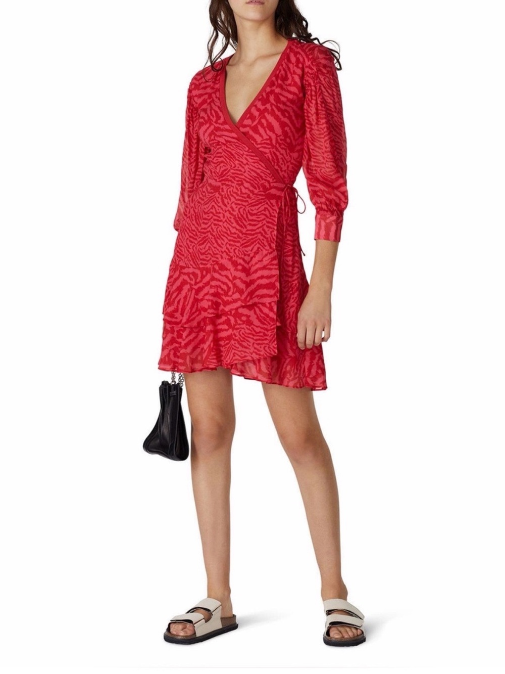 AllSaints Keva Remix Wrap Dress XS Red Pink Zebra Animal Print Ruffle Mini Y2K
